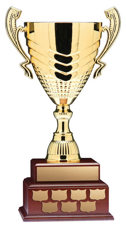 Annual Cup, Gold w/Handles on 2 Tier Mahogany Finish Base, 21″