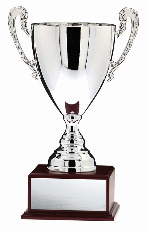 Prestige Series Silver Trophy Cup w/Handles on Mahogany Finish Wood Base