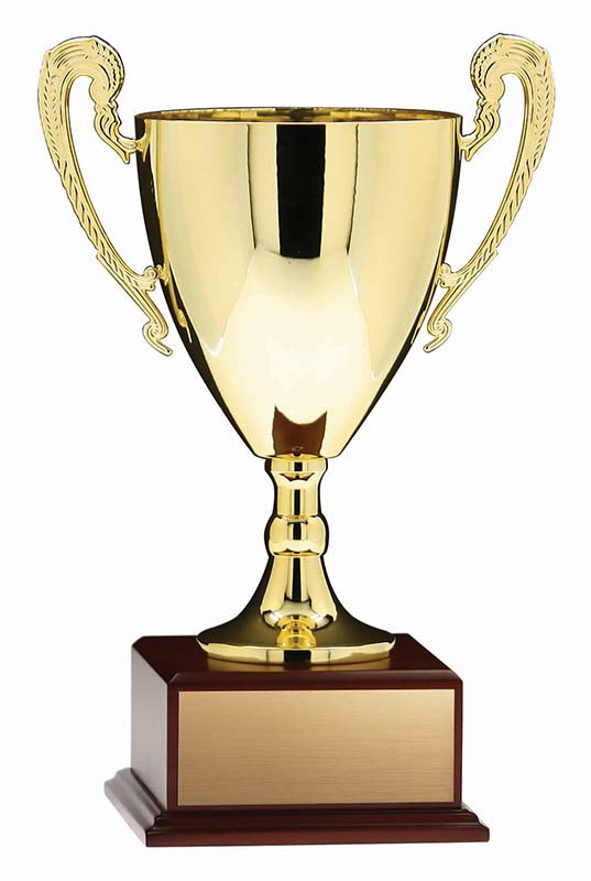 Prestige Series Gold Trophy Cup w/Handles on Mahogany Finish Wood Base