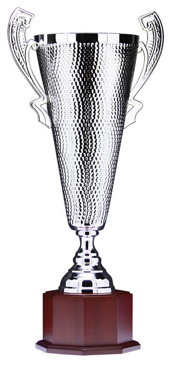 Prestige Series Cup w/Handles on Mahogany Finish Octagonal Base, Silver