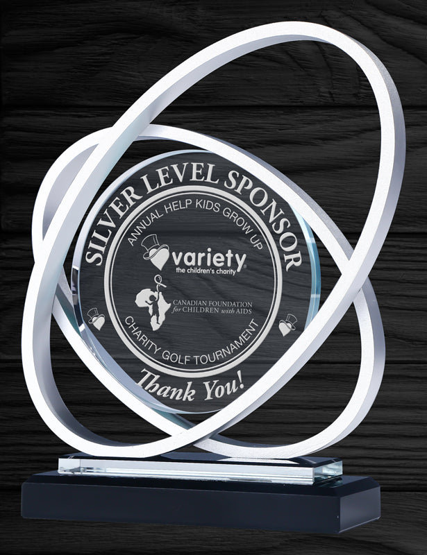 Elegant Saturn Glass Award, Silver | Custom Glass Trophy