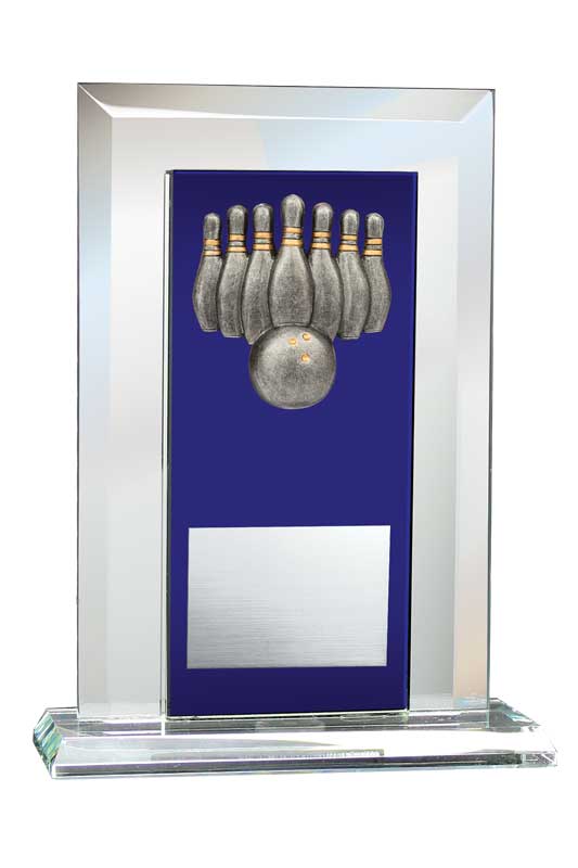 10-Pin Bowling Relief on Glass Mirror Award with Blue Glass Plate