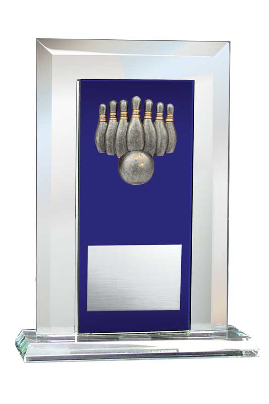 10-Pin Bowling Relief on Glass Mirror Award with Blue Glass Plate