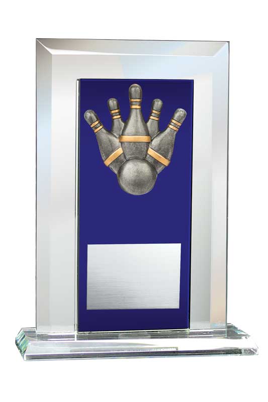 5-Pin Bowling Relief on Glass Mirror Award with Blue Glass Plate