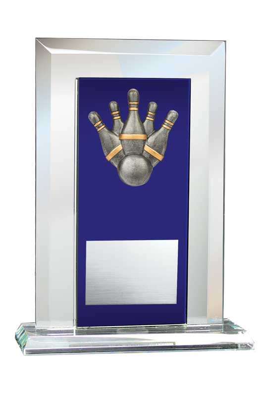 5-Pin Bowling Relief on Glass Mirror Award with Blue Glass Plate