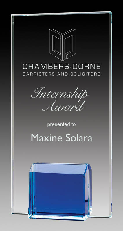 Custom Glass Plaque Blue Base with Premium Engraving Options