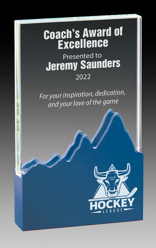 Glass with Blue Aluminum Mountain Base | Glass Trophy