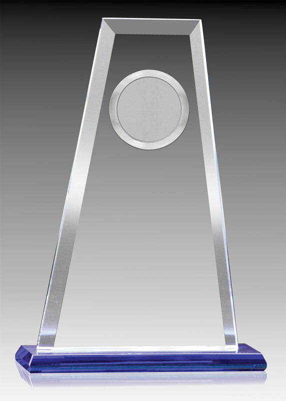 Glass Summit Trophy | Clear Blue Base & Metal Holder