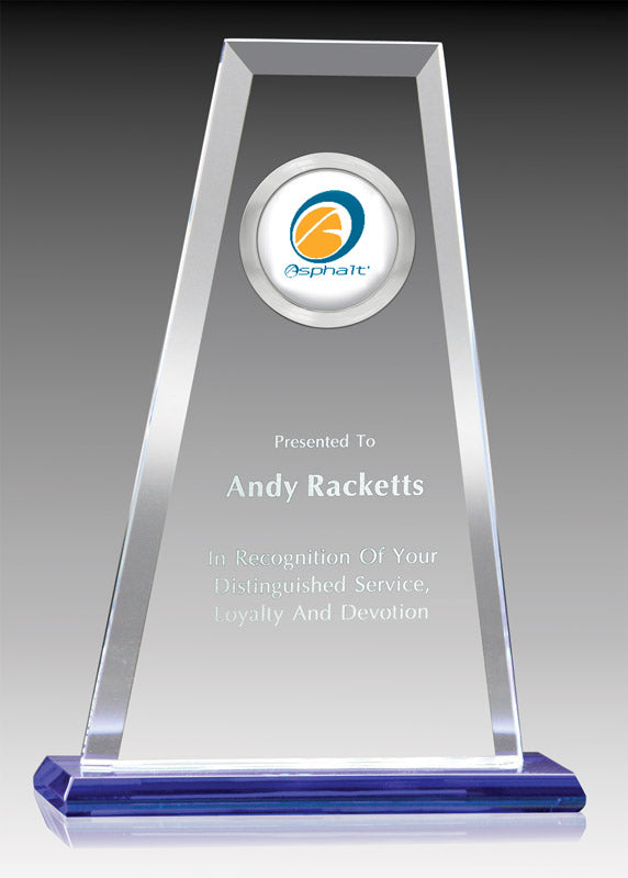 Order Glass Summit Trophy | Clear Blue Base & Metal Holder