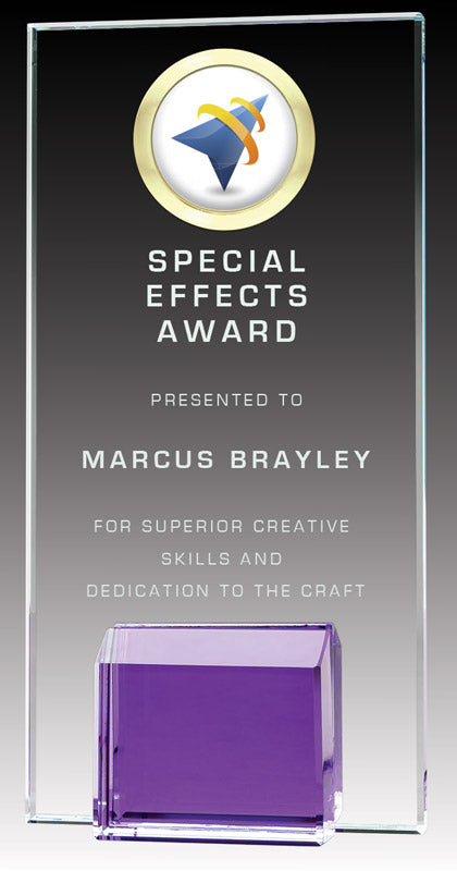Get Glass Plaque Trophy with Violet Base and Custom Engraving