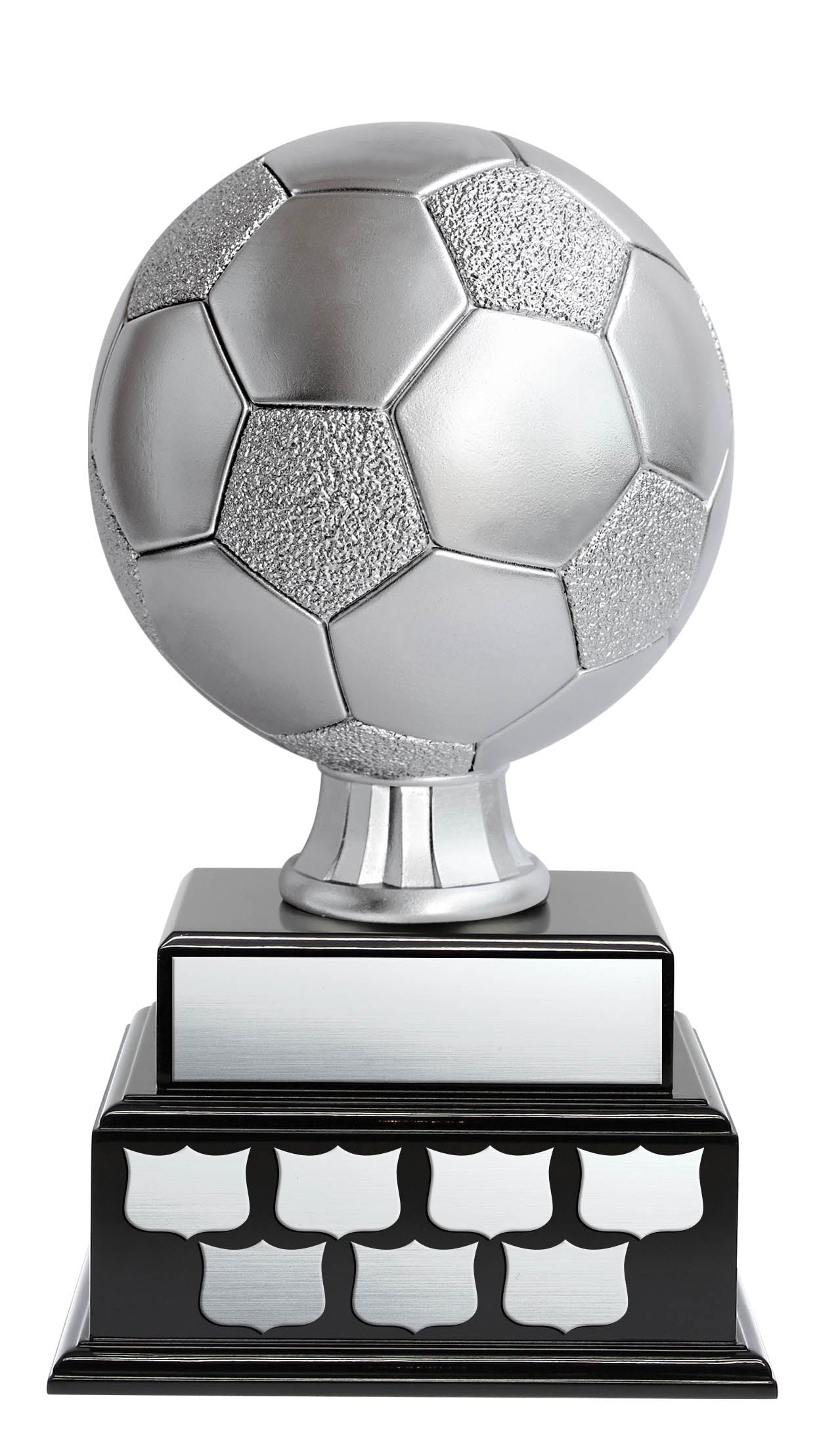 Soccer Resin on Black 2-Tier Annual Base, Silver 15″