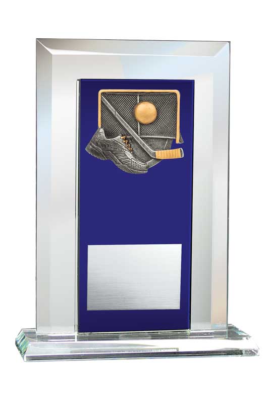 Ball Hockey Relief on Glass Mirror Award with Blue Glass Plate