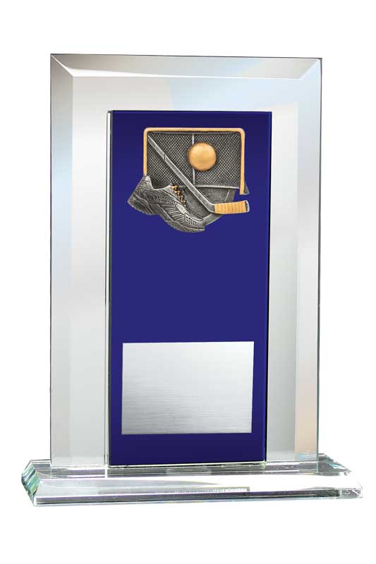 Ball Hockey Relief on Glass Mirror Award with Blue Glass Plate
