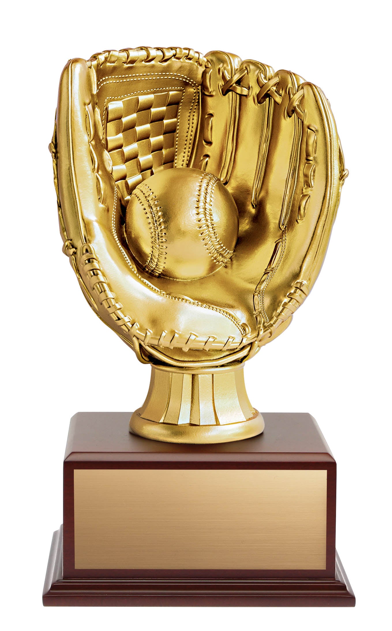 Baseball Glove Resin Trophy on Matte Mahogany Base, Gold 14″